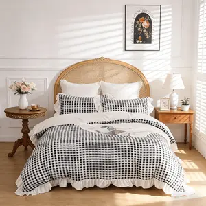 Black and White Plaid Ruffled Duvet Cover Set with Zipper Closure & Corner Ties, 1 Duvet Cover + 2 Pillowcases (No Comforter), Soft Breathable Lightweight Bedding Set for All Seasons, French Country Style for Bedroom & Guest Room