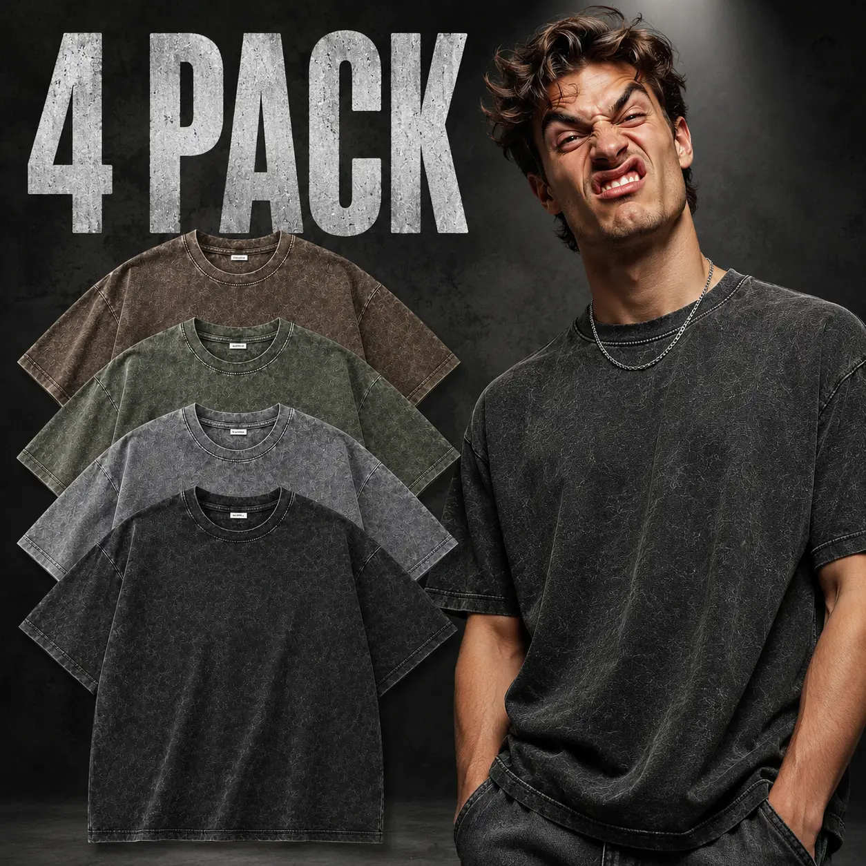 Men's 4-Pack Retro Washed 100% Cotton Casual Crew Neck Oversized Short-Sleeve T-Shirts, Plain Tops Set for Streetwear & Gym, Beige, Washed Look