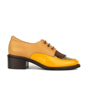 Retro Tone Women's Heeled Oxford Shoes - Yellow & Brown Italian Leather 2" Block Heel Kiltie Brogue Detail Comfortable & Stylish