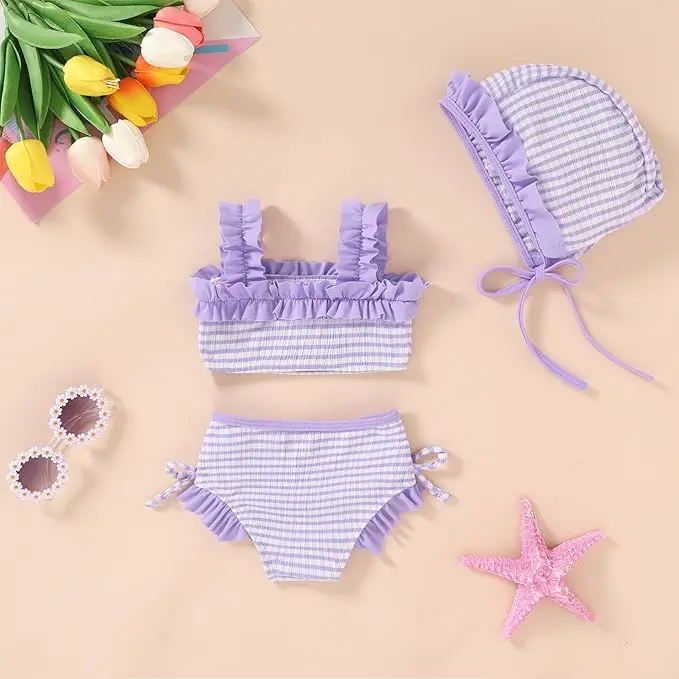 Younger Tree Toddler Girls' 2-Piece Ruffle Floral Print Bathing Suit, Strappy Tankini Beachwear with Matching hat set, Swimming Bathing Suit, Sleeveless, 85% Polyester, 15% Spandex, Tankini Swimsuits, Fitted, Polyester Blend, Stretchy, Two-Pieces