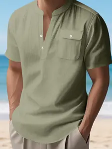 Men's American Linen T-Shirt, Casual Fit Pocket Summer Stand Collar Commuter Workwear Short Sleeve Henry Shirt