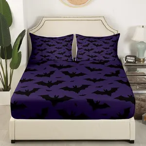 Teens Black Bats Pattern Bed Cover,Halloween Bedroom Decoration Black and Purple Fitted Sheet Set for Kids Boys Girls