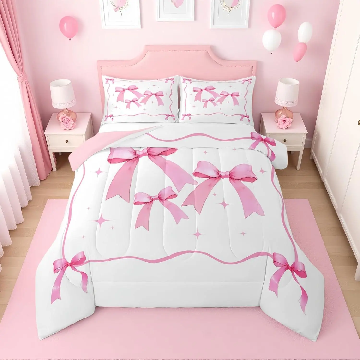 Girls Pink Ribbon Bow Comforter Set,| Cute Coquette Bow Tie Bedding Set,for Kids,Princess Bowtie Bed Set,Kawaii Preppy Bows Room Decor