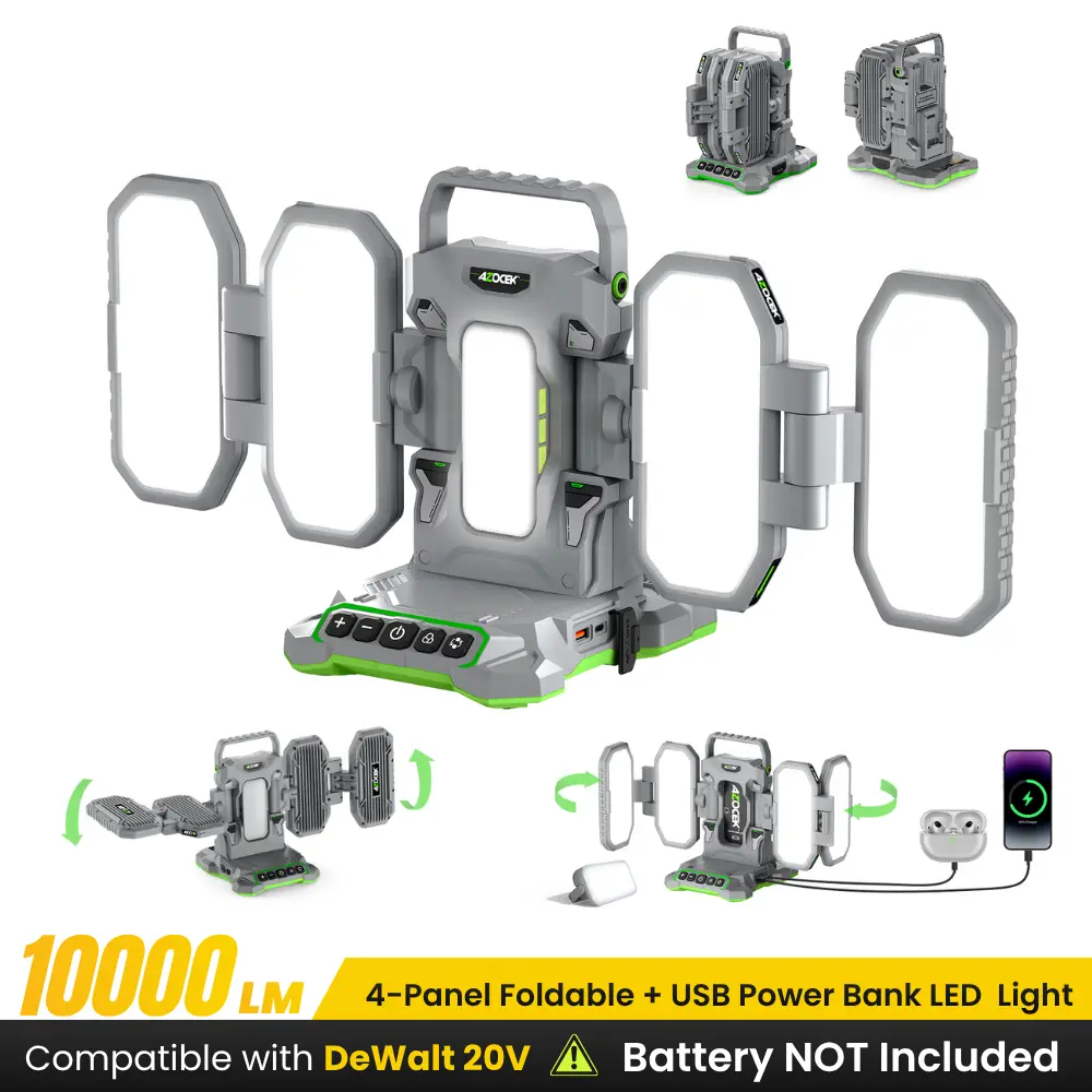 Azocek 10000LM LED Work Light for Dewalt 20V Battery, Cordless Portable Flood Light, 4-Panel Foldable Job Site Light Tower with Detachable Magnetic Mini Flashlight, Rechargeable Emergency Camping Lamp [Battery Not Included]