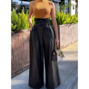 Women's High-Waisted Wide Leg Pants with Metallic Belt Detail - Elegant Solid Black, All-Season Fashion Trousers for Adults, Ladies Pants Fabric Womenswear