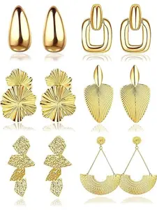 Trendy 6 Pairs Retro Statement Clip on Earrings Golden Dangle Alloy Earrings for Women Men Stylish Geometric Hoop Wave Leaf Drop Earring Jewelry Set Stud Earring Jewelry