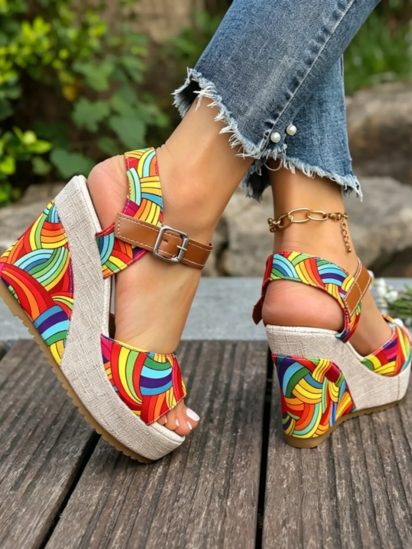 Women's Rainbow Print Espadrille Wedge Sandals, Adjustable Ankle Strap Open Toe Platform Heels, Casual Summer Shoes for Beach Vacation, Higher Platform Sandals