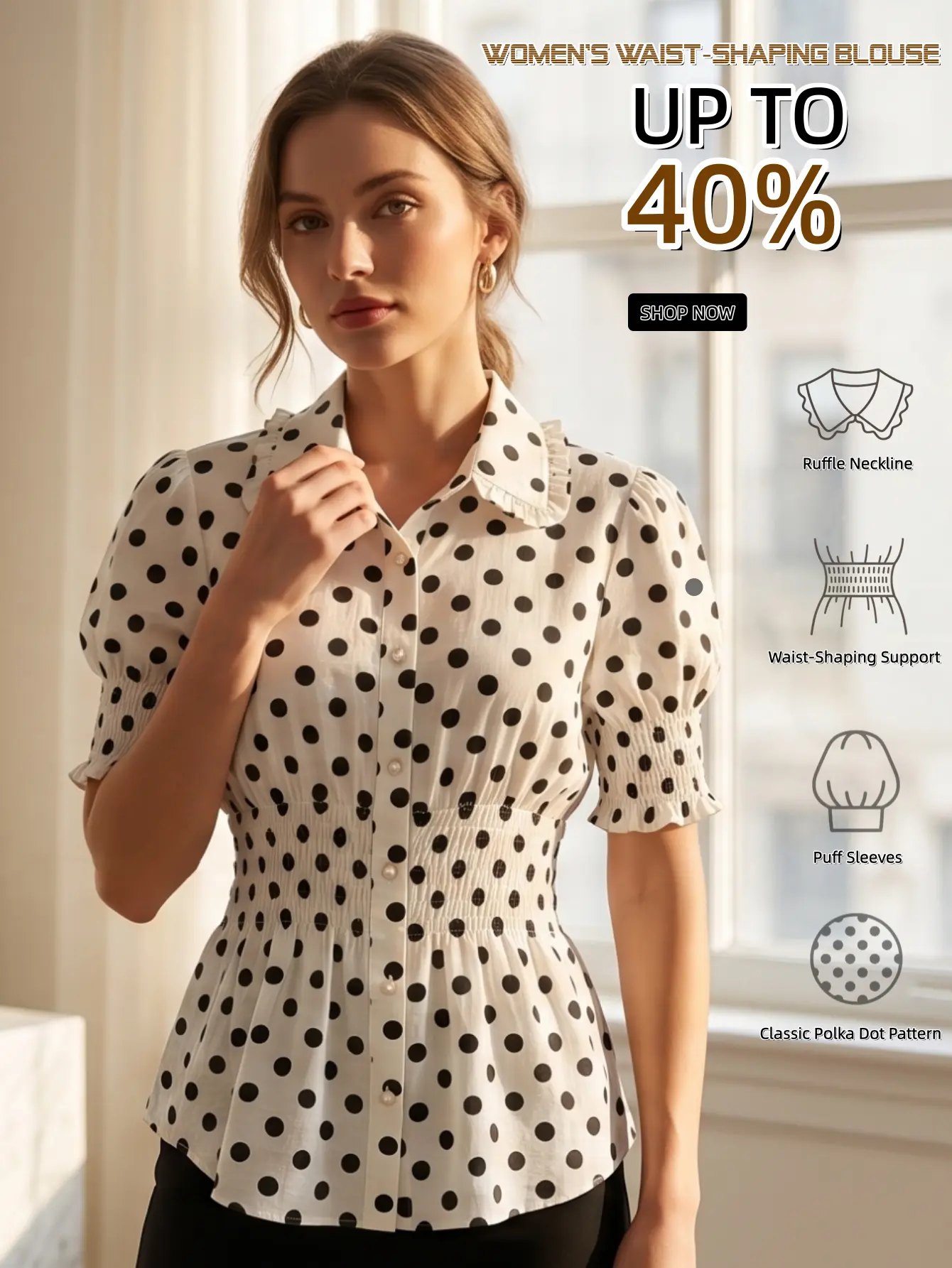 Women's Polka Dot Blouse, Vintage Puff Sleeve Ruffle Neck Top with Smocked Waist, Slimming Lightweight Shirt for Summer Casual Wear, Office & Vacation