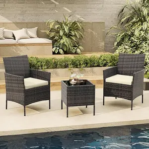 3-Piece PE Rattan Outdoor Bistro Set, 2 Chairs & Tempered Glass Coffee Table, Weather Resistant Compact Conversation Set for Balcony, Porch & Garden
