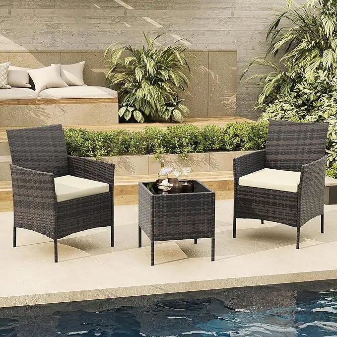 3-Piece PE Rattan Outdoor Bistro Set, 2 Chairs & Tempered Glass Coffee Table,  Weather Resistant Compact Conversation Set for Balcony, Porch & Garden -  TikTok Shop