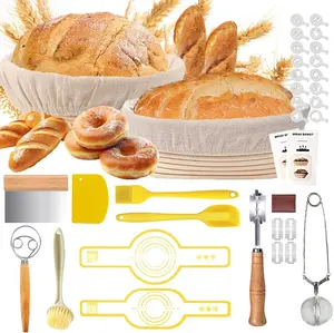 Sourdough Starter Kit for Beginners, Bread Baking Supplies & Bread – 9 Inch Round & 10 Inch Oval Banneton Bread Proofing Basket Set with Dough Whisk, Lame, Scraper & Brush