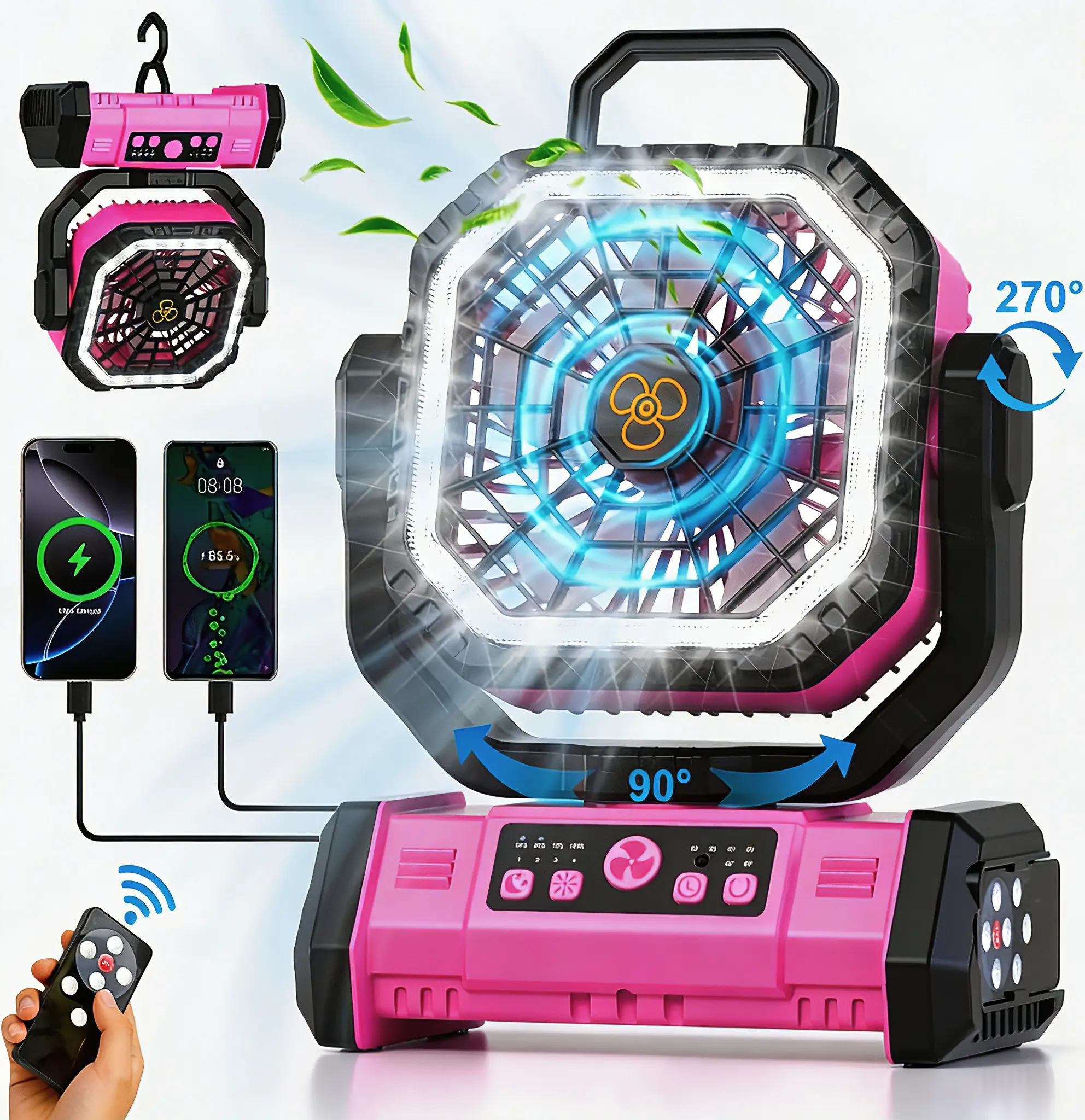 30000mAh Battery Operated Fan with Remote, Rechargeable Portable Fan with LED Lantern & Power Bank, Quiet 270° Oscillating Fan for Camping, Power Outage, Hurricane, RV, Fishing, Gardening, Beach, Jobsite & Outdoor Work
