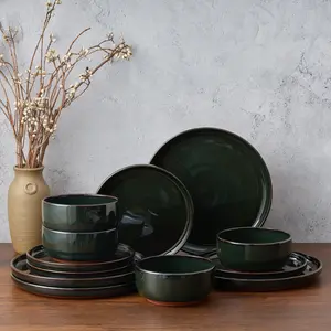 Vesteel 12-Piece Dinnerware Set, Ceramic Plates and Bowls Set for 4, Reactive Glaze Tableware Set with Purple Clay Base for Home, Chip & Scratch Resistant Stoneware