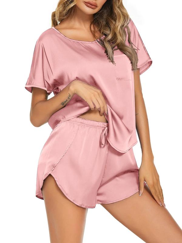 Womens Silk Stain Pajamas Set Short Sleeve Soft Sleepwear Top with Shorts Set PJ Loungewear, Dark Green, XL