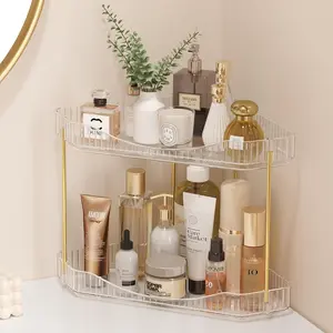 2-Tier Corner Bathroom Counter Organizer, Plastic Makeup Skincare Organizers Storage Countertop, Sink Vanity Trays Perfume, Cosmetic Shelf in Bedroom, Dresser, Kitchen (Clear)