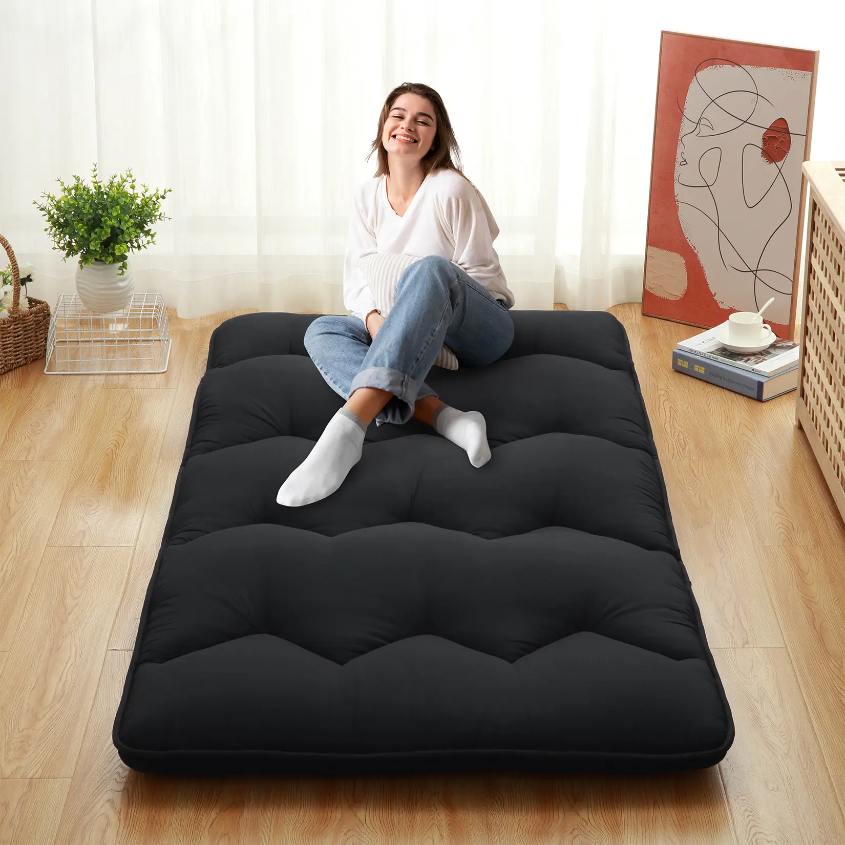 Japanese Futon Mattress, Twin/Full/Queen Size Foldable Japanese Style Floor Mattress Roll Up, Tatami Mat, Camping Mattress Pad