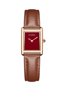 Square Rose Gold Red Dial Luxury Watch: Brown Leather Strap + Sapphire Crown, Vintage Red Dial Exuding Retro Luxury, a Beautiful Gift for Her, Fashionable Stylish Watch