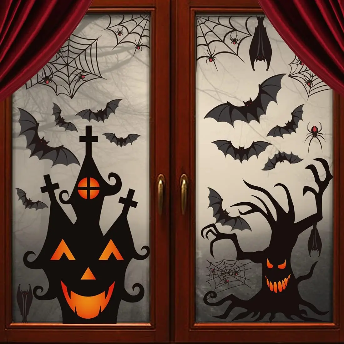 Halloween Static Window Clings, PVC Bat & Spider Web Reusable Window Decals, No-Adhesive Removable Glass Stickers, Spooky Holiday Ornaments For Home Window Display, Indoor Halloween Party Decor Supplies