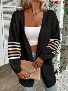 Plus Size Striped Print Drop Shoulder Cardigan, Casual Long Sleeve Open Front Knitwear, Women's Plus Clothing for Daily Wear