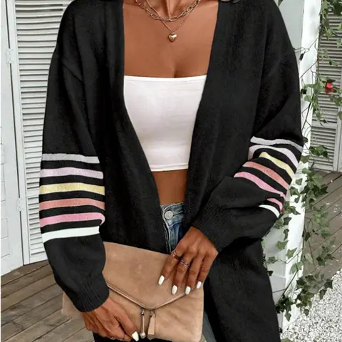 Plus Size Striped Print Drop Shoulder Cardigan, Winter Casual Long Sleeve Open Front Knitwear, Women's Plus Clothing for Daily Wear