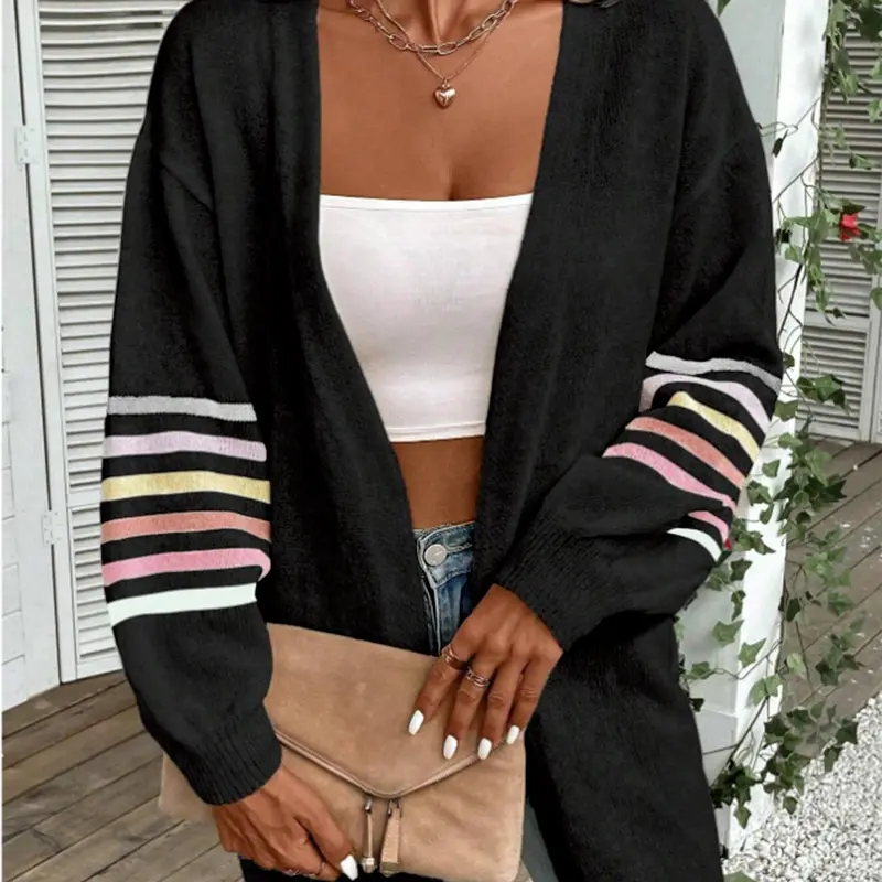 Plus Size Striped Print Drop Shoulder Cardigan, Winter Casual Long Sleeve Open Front Knitwear, Women's Plus Clothing for Daily Wear