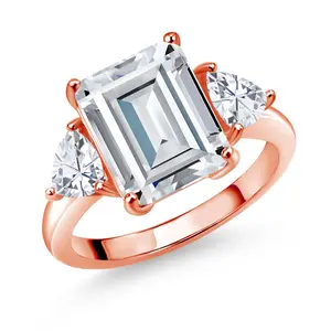 Gemstone Birthstone and White Moissanite 3-Stone Ring For Women In 18K Rose Gold Plated Silver | Emerald Cut 12X10MM | Trillion 5X5MM | Wedding Anniversary Promise Ring | Sizes 5, 6, 7, 8, 9