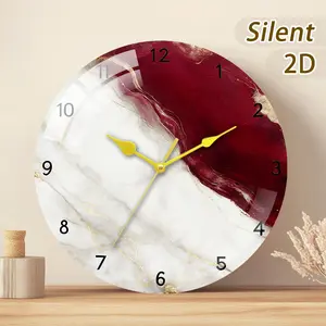 Modern Round Wall Clock, Reinforced Glass & Thick Wood Decorative Clock, Marble Surface, Accents, Battery Operated