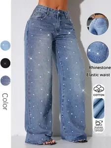 Women's Multi-Color Denim Wide-Leg Pants, Casual Loose-Fit Button Fly Jeans, Floor-Length Natural Elastic Waist, All Seasons