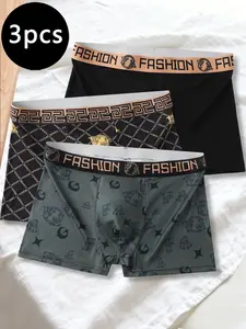 3Pcs Luxury Grid Men's Boxer Briefs | Gold Line Design Breathable Underwear | Stylish Stretch Boxers Shorts for Men