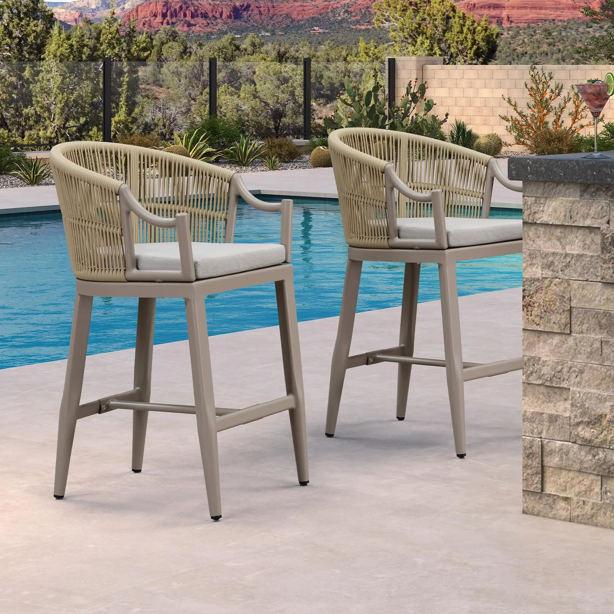 PURPLE LEAF Outdoor Counter Height Wicker Bar Stools (Set of 2) - Modern Metal Cushioned Bar Chairs with Backs, Ergonomic Armrests, Upholstered Cushion Stools, Padded Seat Garden Dining Chairs for Indoor Outdoor Furniture