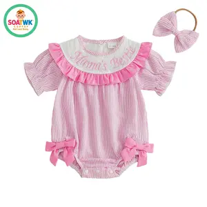 Baby Girl Summer Outfit Striped Letter Embroidered Puff Sleeve Bubble Romper and Bow Headband 2 Piece Set
