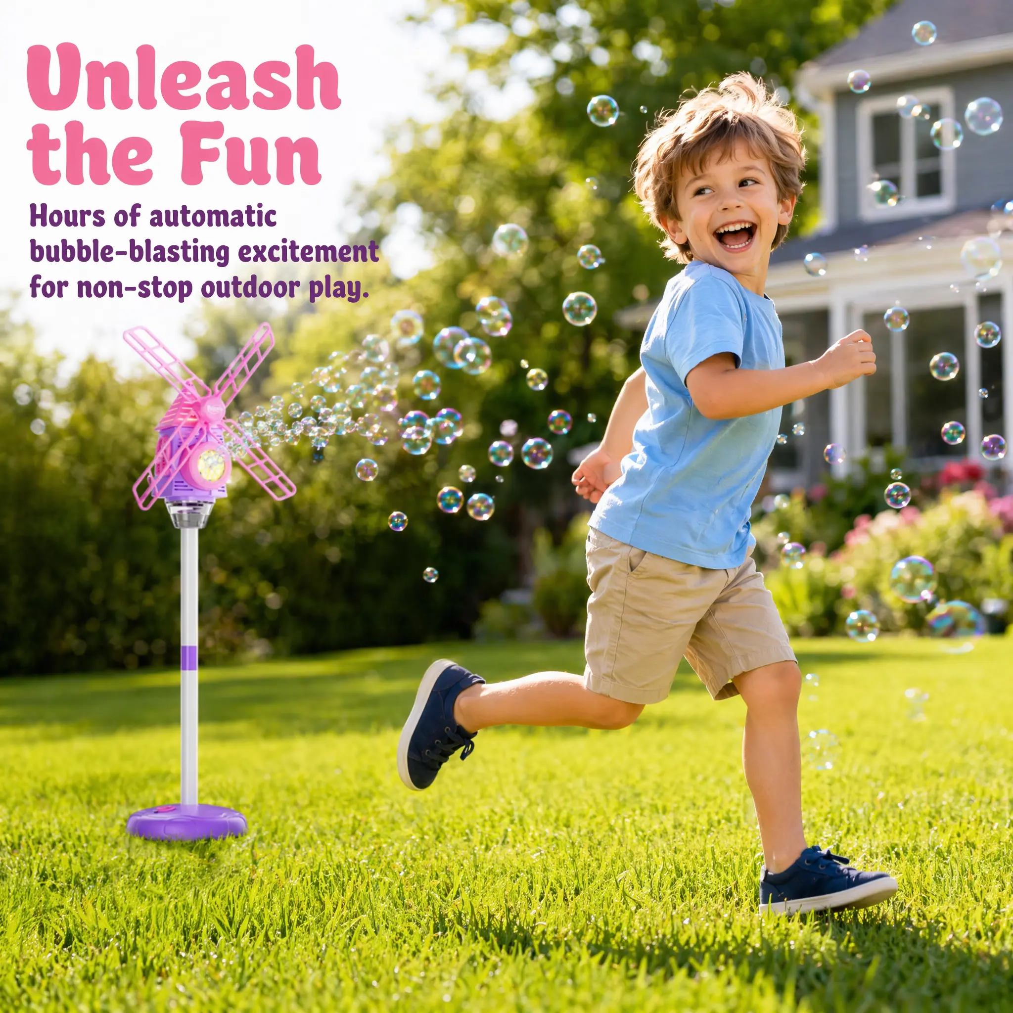 Standing Bubble Machine with Warm LED Lights, 1-Key Start, Adjustable Height, 50ML Concentrated Liquid, Plastic Outdoor Toy for Ages 8-10 Kids, Ideal for Gifting & Outdoor Fun