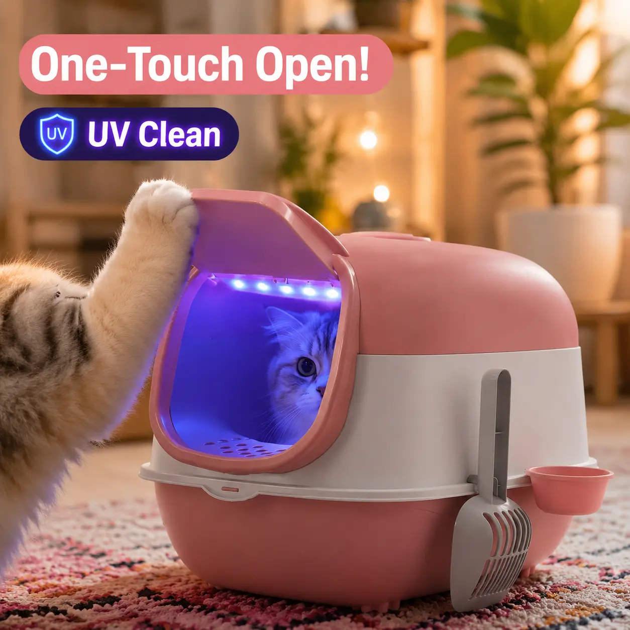 Off-white color-block UV antibacterial fully enclosed cat litter box with flip lid sand barrier, multifunctional side storage, deodorizing box, large household spill-proof cat bowl