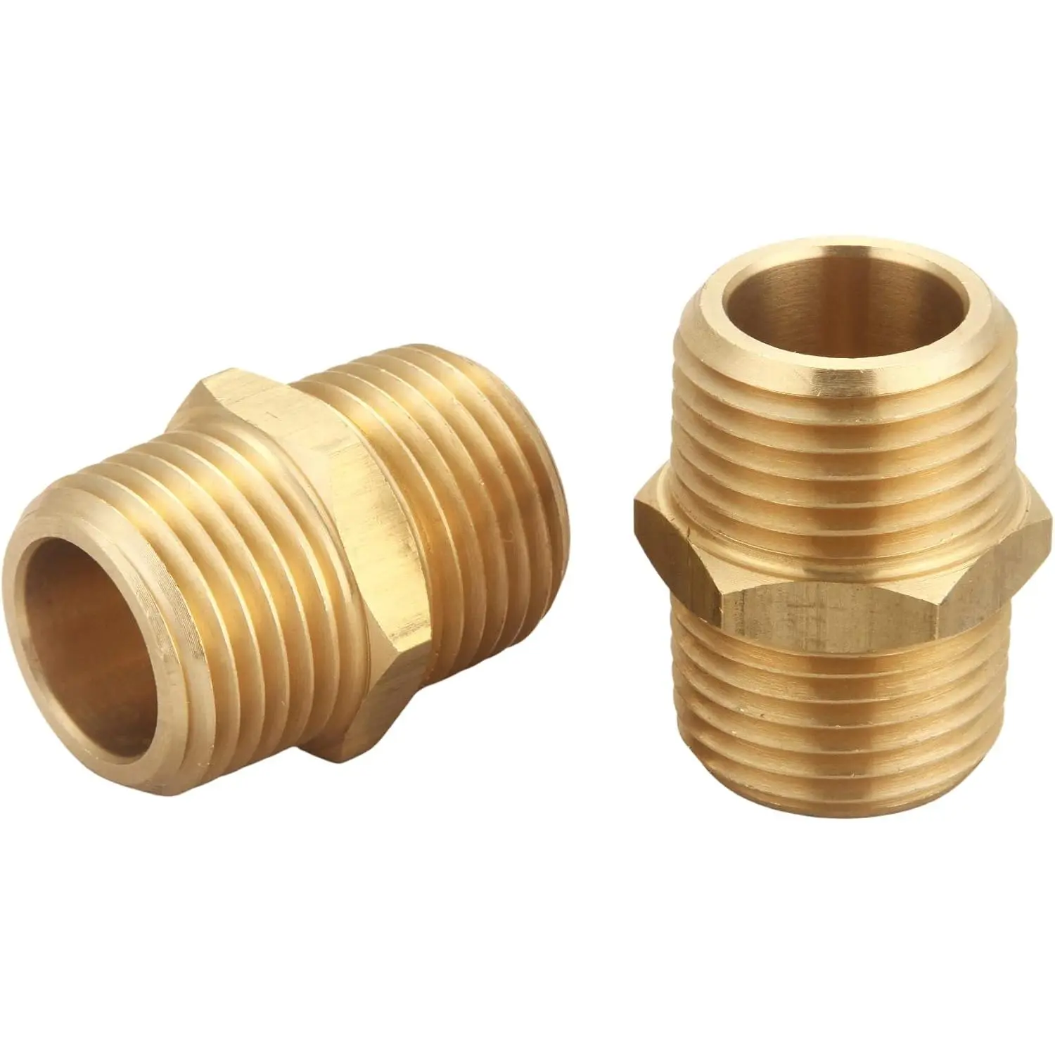 2-Piece 1/2 in x 1/2 in NPT Brass Hex Nipple Male Pipe Adapter Set, 2 Brass Fittings for Water/Gas/Oil Systems, Corrosion Resistant with High-Quality Deep Threads