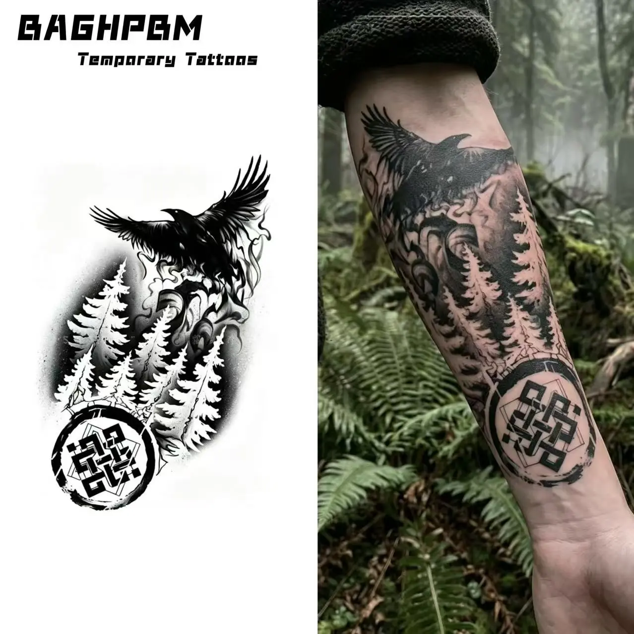 BAGHPBM Body-Safe Nontoxic Temporary Tattoos - American-Style Dark Mysterious Black Eagle Flower Designs for Arm, Leg Use, Body-Safe Temporary Tattoos
