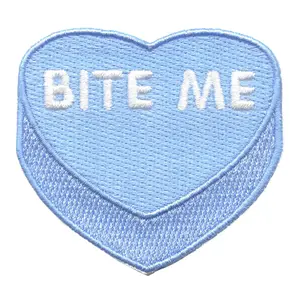 Bite Me Candy Heart Patch Valentines Day Blue Embroidered Iron On
