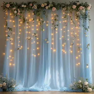 Blue Tulle Backdrop Curtain With Lights String - 10x10ft Sheer 300 Leds For Wedding  Shower Bridal Birthday Party Photo Shoot Background And Home Decorations