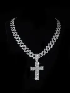 Rhinestone Decorated Cross Pendant Necklace for Women, Fashion Jewelry for Party, Daily Clothing Decor, Trendy All-match & Exquisite Jewelry for Birthday Gift