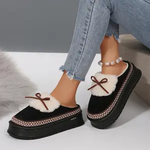 Women's Fluffy Bow Decorated Thick-Soled Suede Fleece Slippers - Cozy & Stylish Indoor/Outdoor Shoes‌ Winter Warm Mini Snow Boots