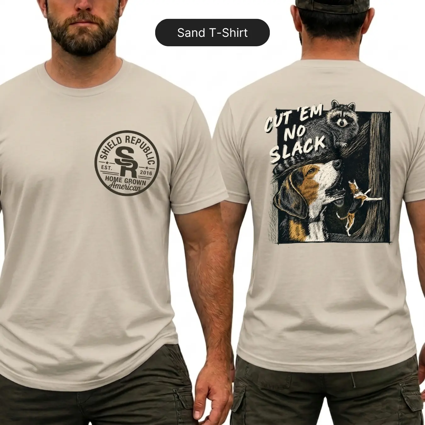 Shield Republic Cut Em No Slack Coon Hunting T-Shirt, Raccoon Beagle Hound Graphic Shirt, Front Chest Logo and Large Back Print Hunter Tee, Home Grown American Apparel, Outdoor Hunting Gift for Men and Women
