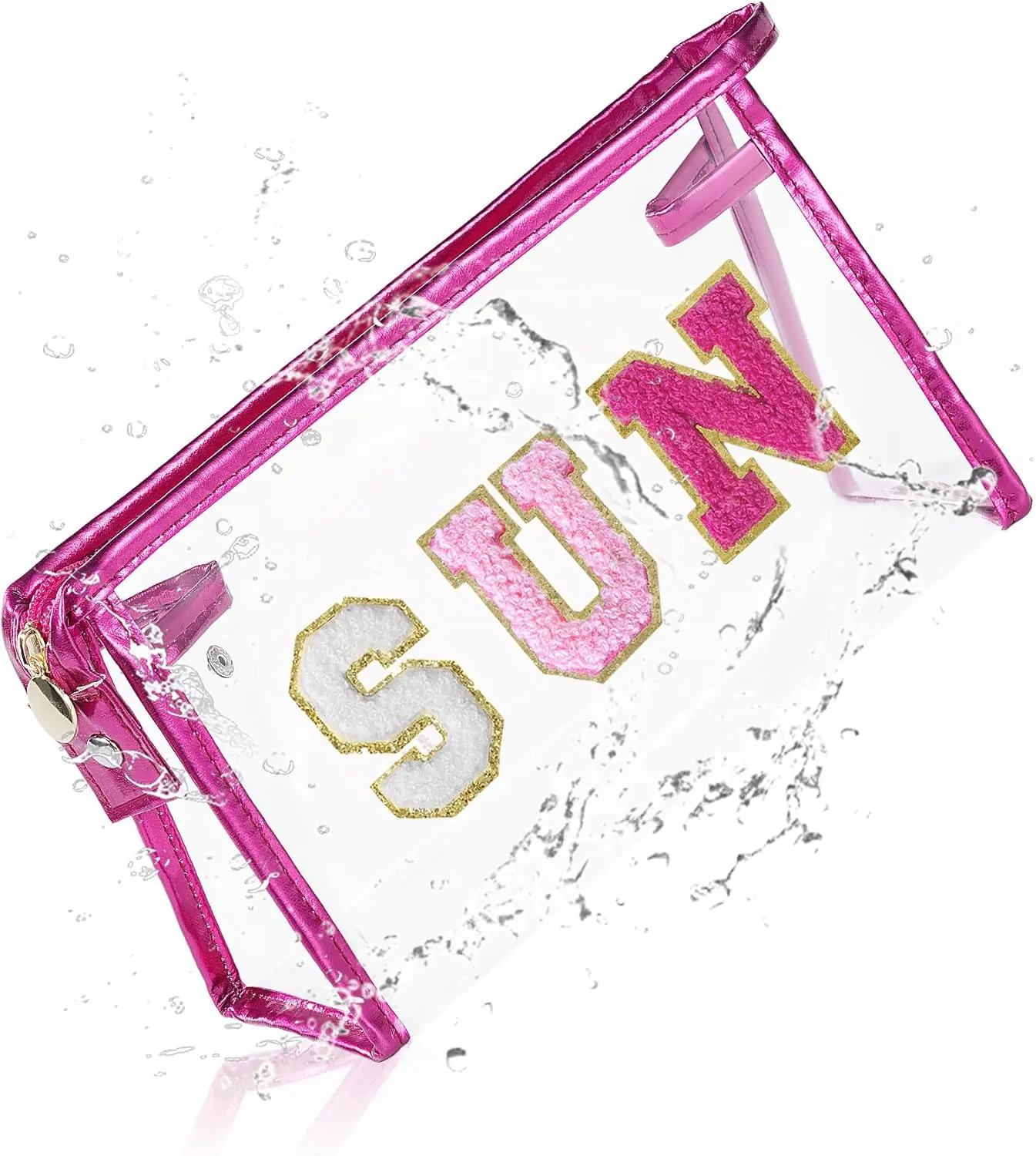 Clear Makeup Bag Sunscreen Pouch Summer Things Accessories  Beach Pool Essentials Stuff Air Cruise Travel Toiletry Gifts for Women Teenage Girls with Chenille Letter Pink SUN