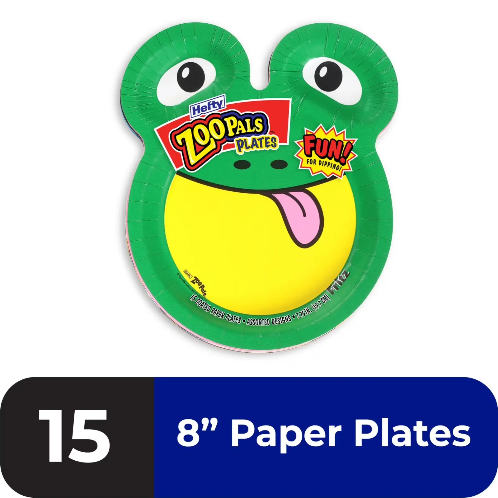 Hefty Zoo Pals Paper Plates for Kids, Assorted Animal Designs with Two Dipping Compartments, Multi-Color, 7.75”, 15 Count