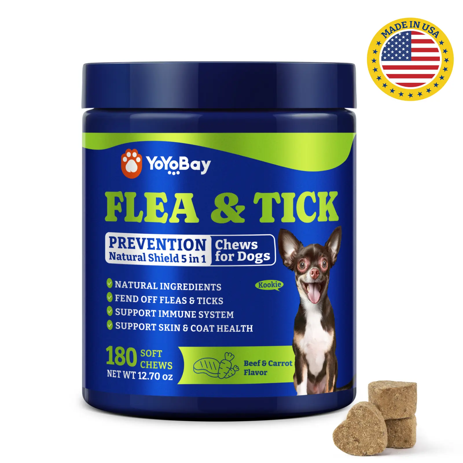 Flea & Tick Prevention for Dogs Chewables, YoYoBay Natural Dog Fleas and Ticks Control Supplement, Dogs Supplement, Natural Shield 5-in-1 Protection, Beef & Carrot Flavor, 180 Soft Chews#Sohochic #petlovers