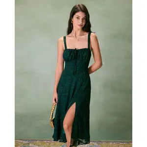 The Green Square Neck Jacquard Slit Midi Dress
