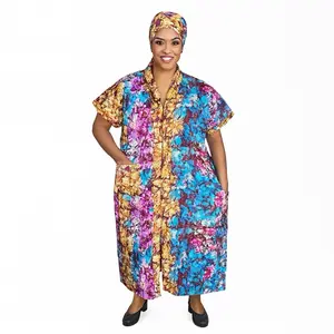 Vibrant Multicolor Kaftan with Matching Headscarf Soft Comfortable Everyday Wear with Large Pockets. Model is 5.1 ft Style Dress Womenswear Shortsleeve