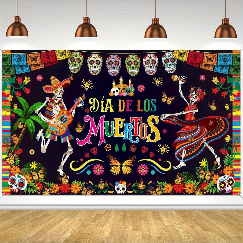 1pc 2D Flat Day of the Dead Banner, Dia de los Muertos Party Backdrop, Polyester Skull & Marigold Floral Decoration for Halloween Mexican Festival, No - Electricity Multipurpose Festive Supply