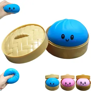 Dumpling Squishy Toy, Dumpling Squishy Mystery Box, Colorful Dumplings Stress Balls Fidget Sensory Toy, Squeeze Dough Ball Stress Relief Hand Toys with Food Steamer Stretchy Desk Toys (Blue) Rainbow Glitter