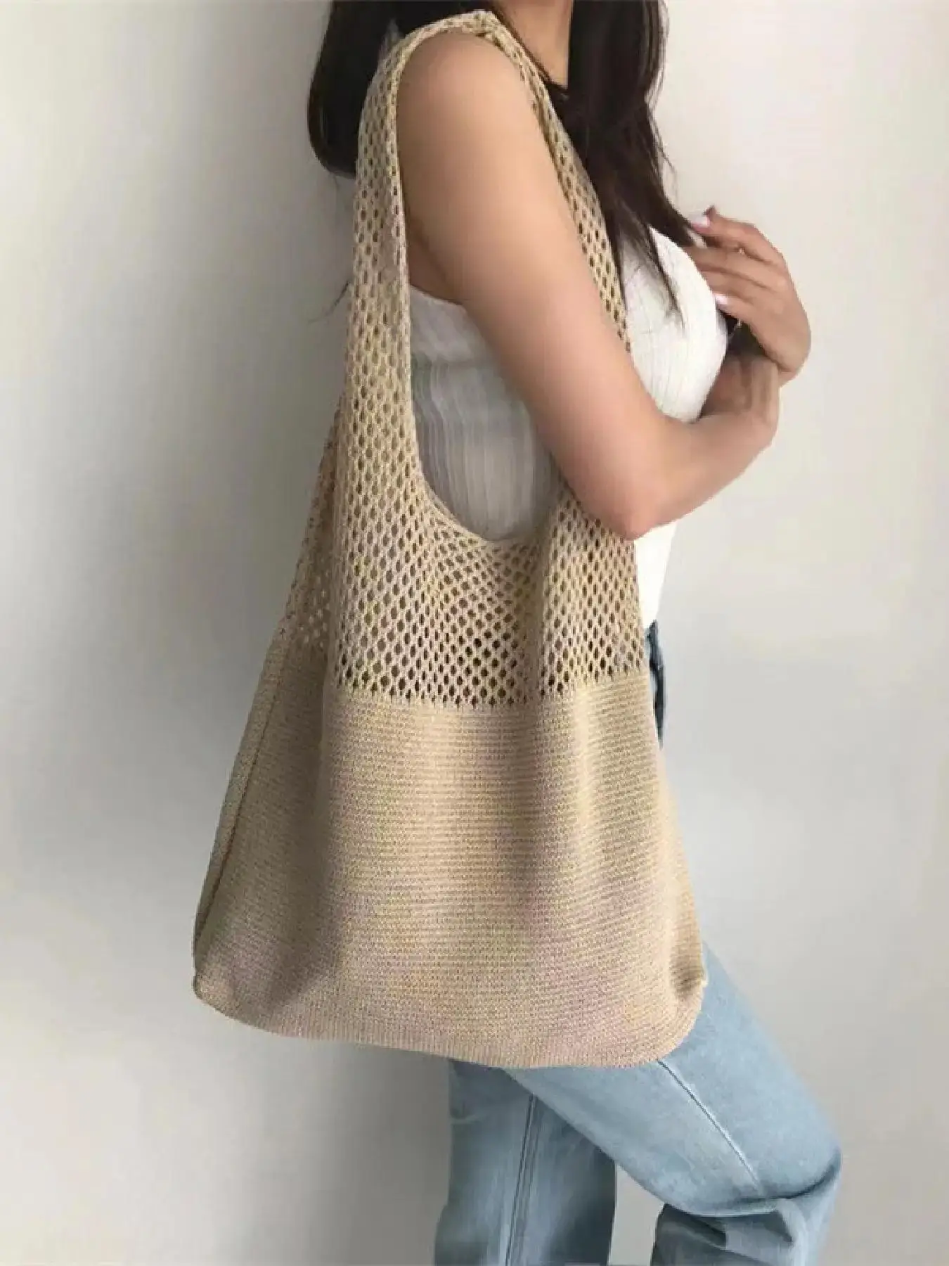 Women's Solid Color Shoulder Bag, Lightweight Shopping Large Capacity Shoulder Bag, Simple All-match Crochet Bag for Daily Life & Work