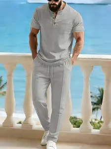 Men's Beach Vacation, Casual Summer Clothing Set, Loose-Fitting Blouse and Pants, Natural Waist, Solid Pattern, New 2026