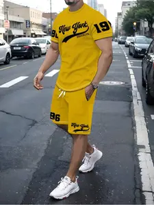 Summer Short-Sleeve T-shirt and Shorts Matching set, Menswear, Men's Fashionable Casual Fitted Logo Print Crew-Neck Set, Outfit